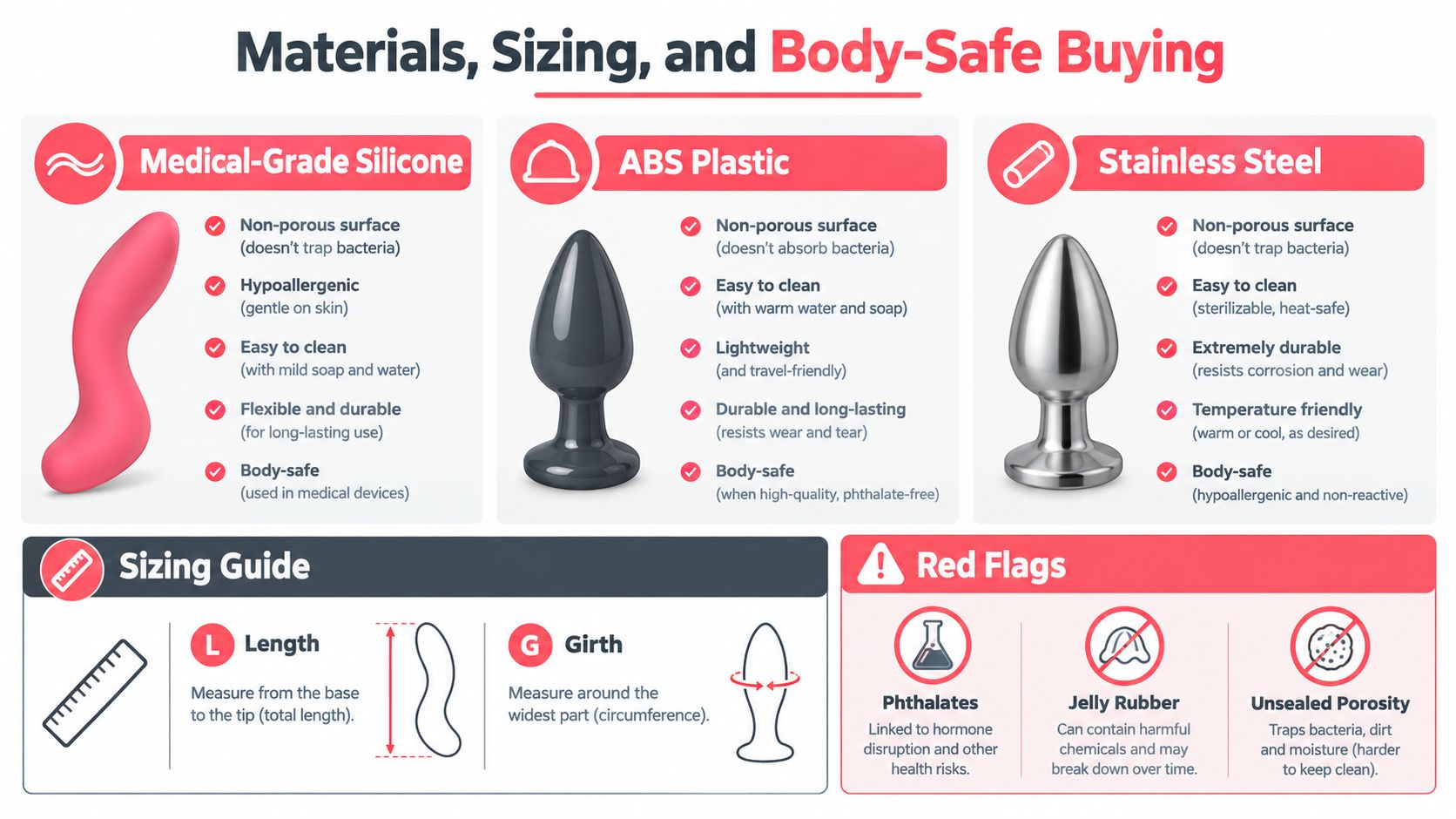 An educational infographic comparing materials, sizing, and safety tips for selecting intimate wellness products.