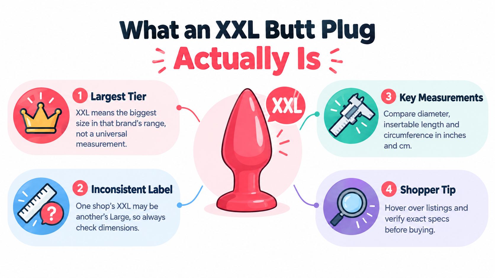 An infographic explaining that XXL butt plug sizes are not universal and vary between different brands.