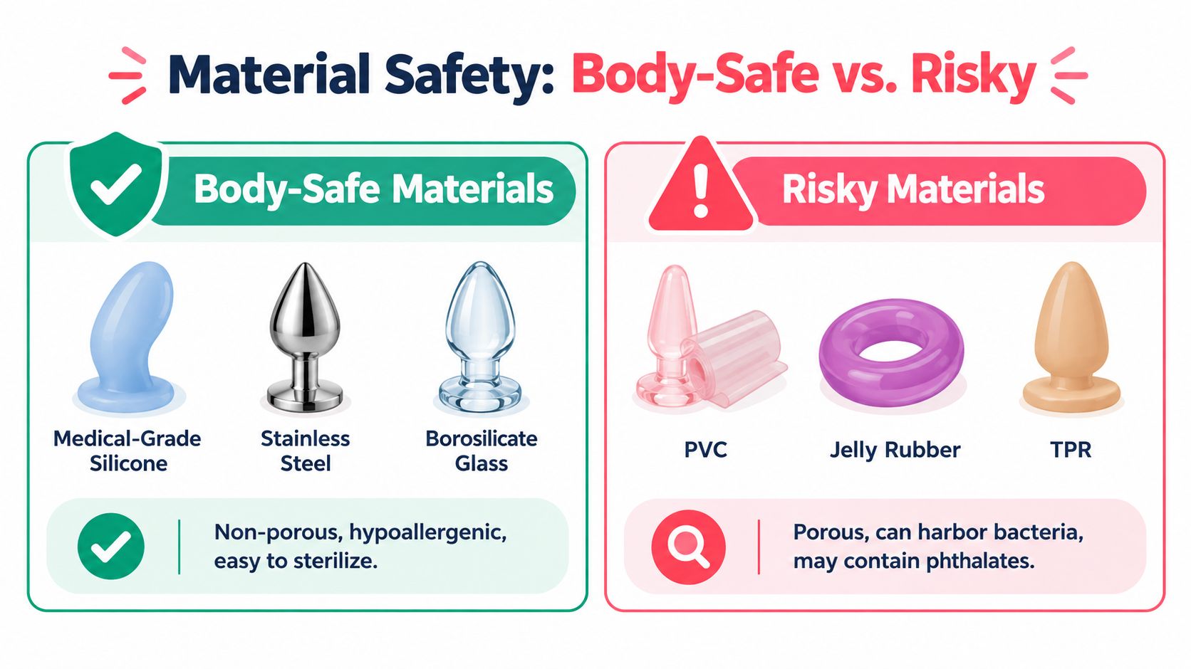 An infographic comparing body-safe materials like silicone and steel against risky porous materials like PVC and jelly.