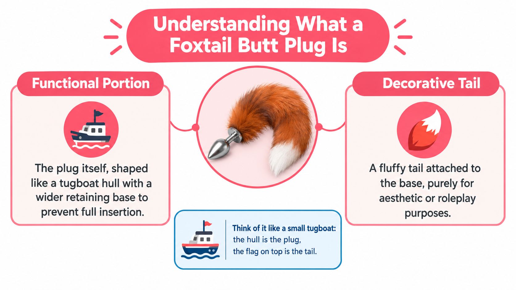 An infographic explaining the two parts of a foxtail butt plug: the metal base and the tail.