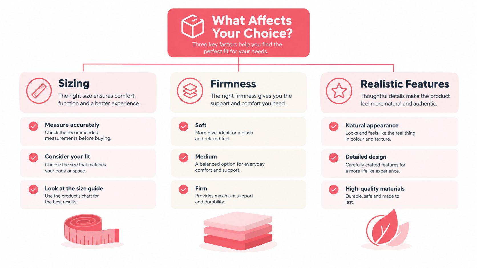 An infographic titled What Affects Your Choice explaining sizing, firmness, and realistic features for product selection.