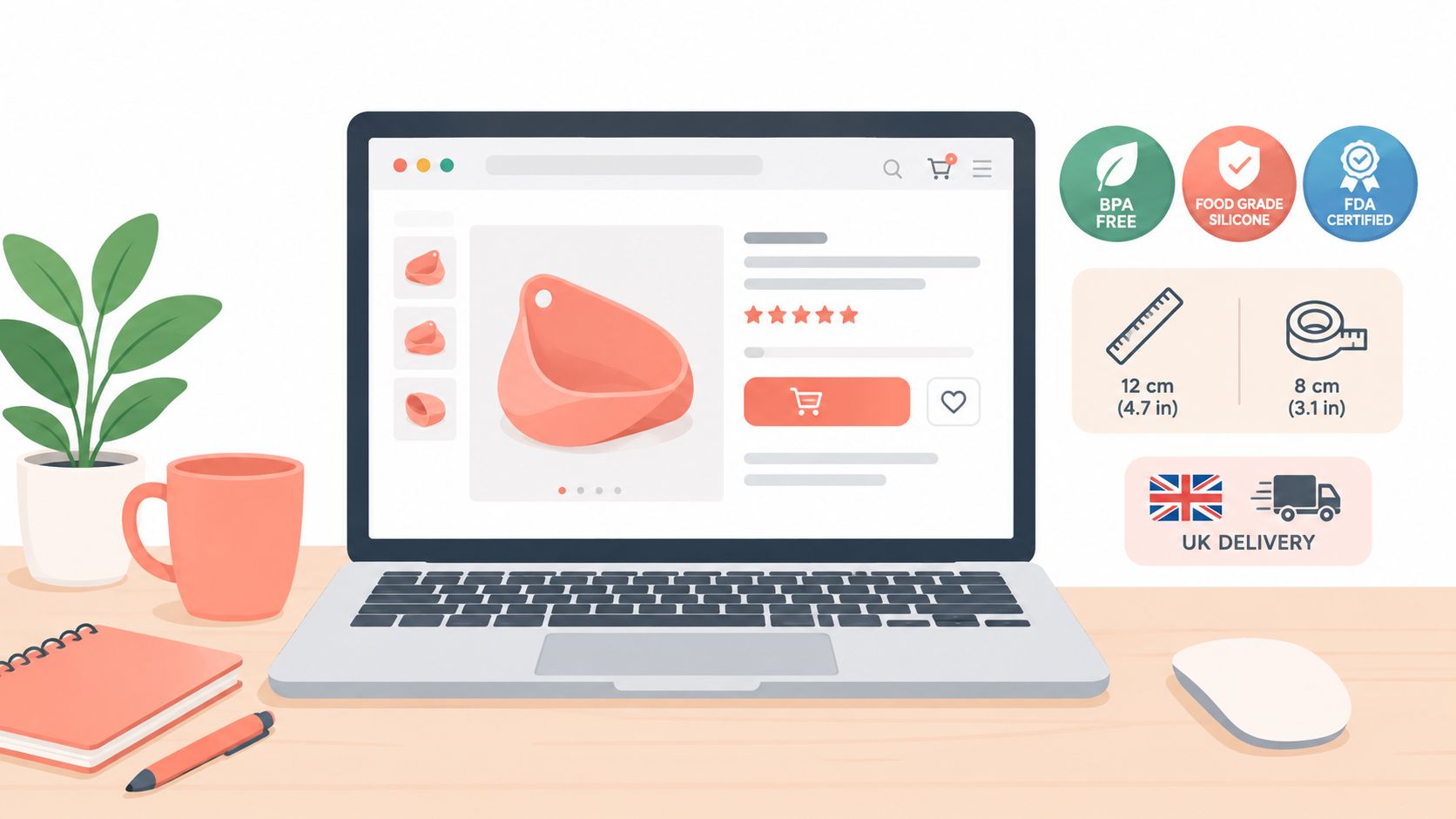 An online shopping page on a laptop screen displaying a peach-colored silicone object with product specifications.