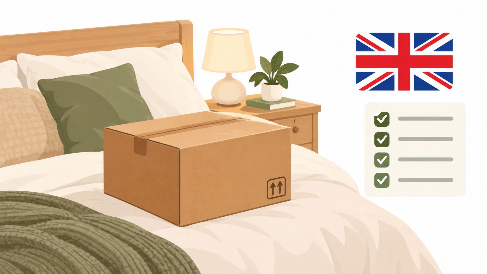 A brown cardboard delivery box sitting on a bed next to a British flag icon.