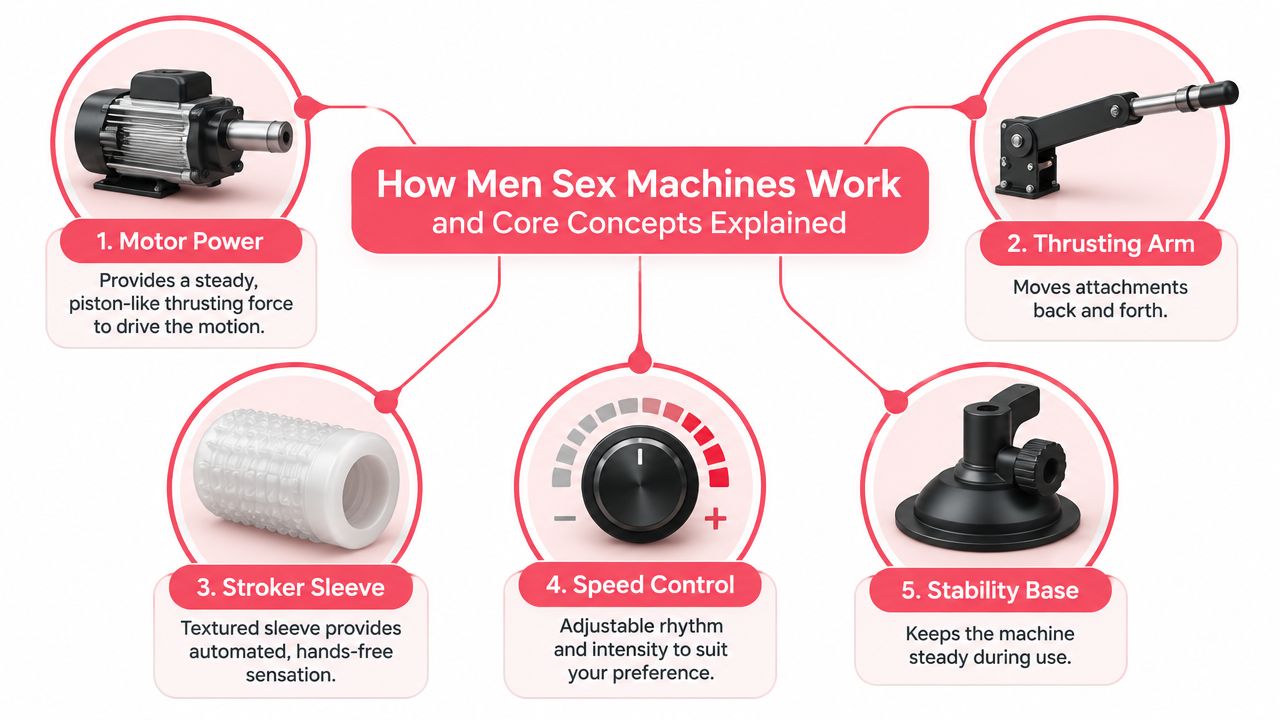 An infographic explaining the five core components and mechanical operation of men sex machines for user convenience.