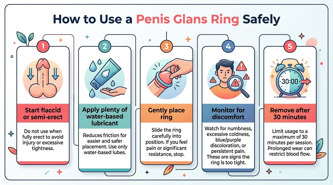 A five-step instructional guide illustration on how to safely use a penis glans ring for men.