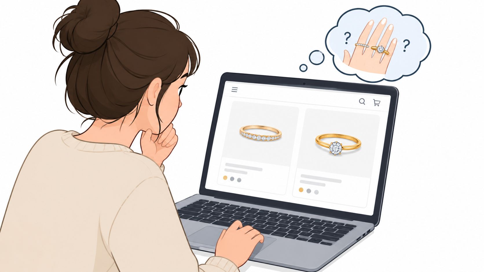 A young woman sits in front of her laptop browsing an online jewelry store for rings.