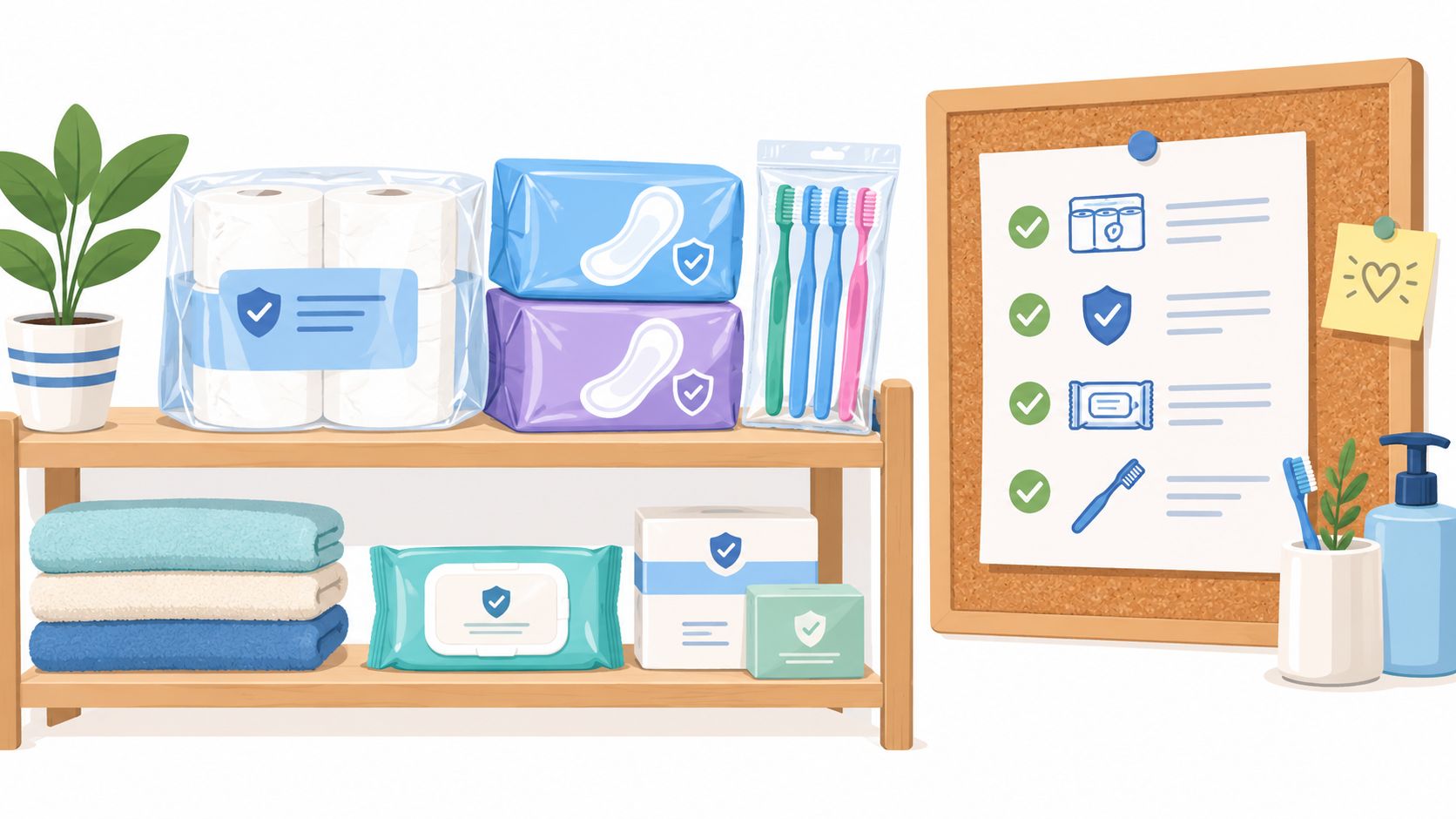 A wooden shelf organized with hygiene supplies, including towels, tissues, toothbrushes, and a checklist on a board.
