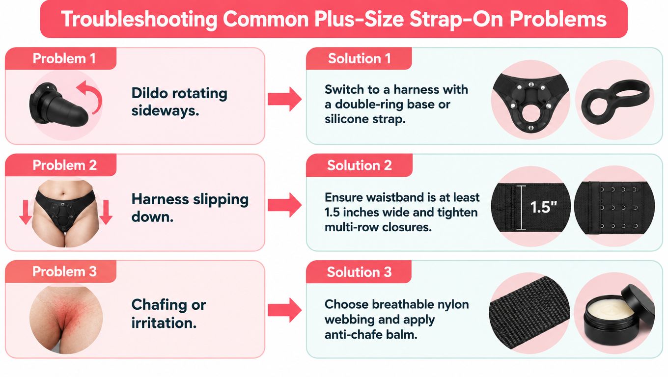 An infographic showing troubleshooting tips for common plus-size strap-on harness problems like slippage, rotation, and chafing.