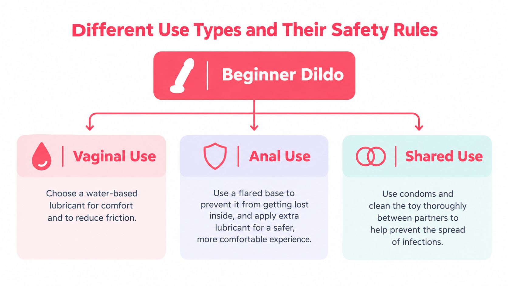 A safety guide infographic for beginner dildos explaining guidelines for vaginal, anal, and shared usage.
