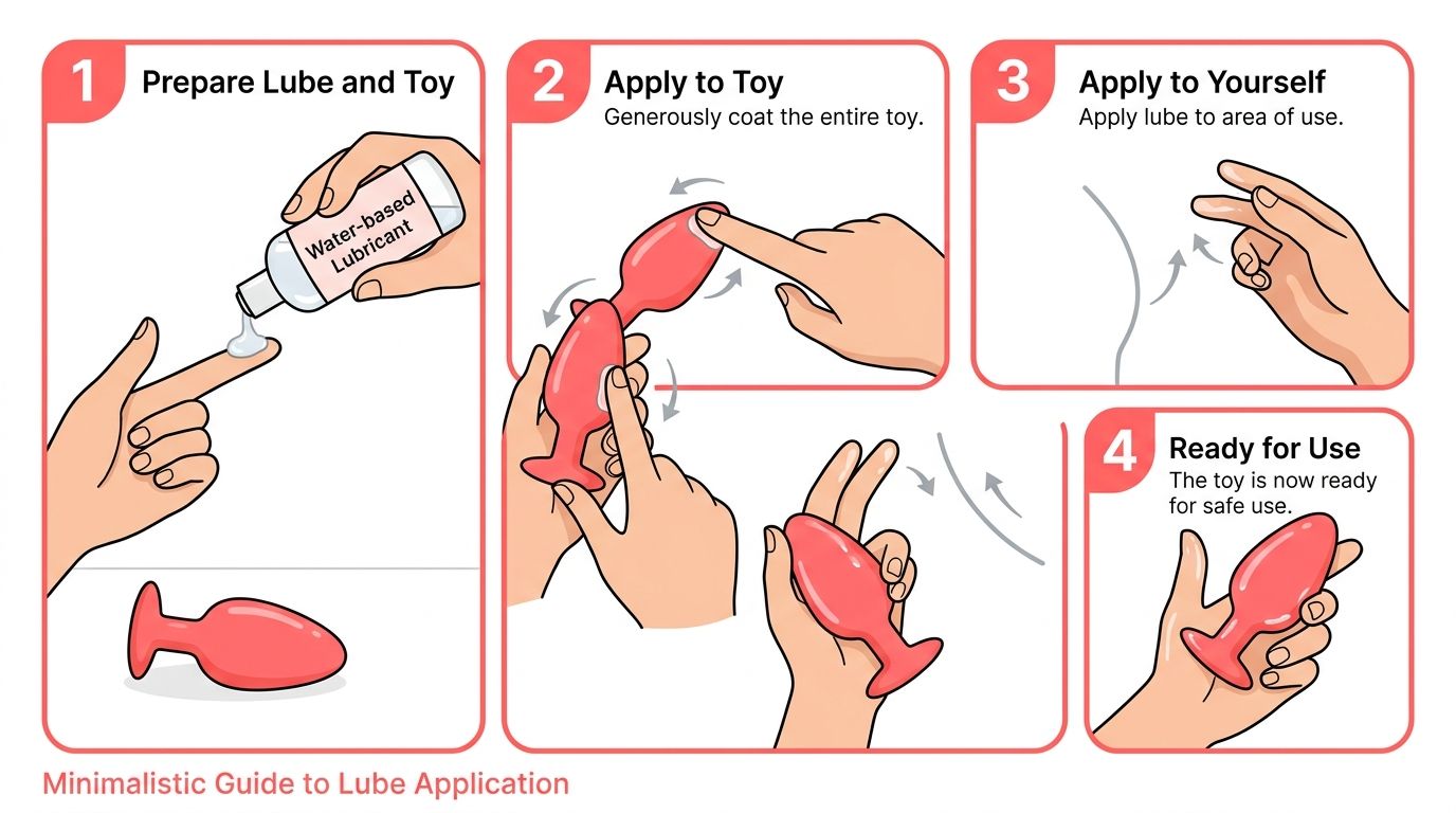 A four-step instructional guide showing how to properly apply water-based lubricant to a pink butt plug.