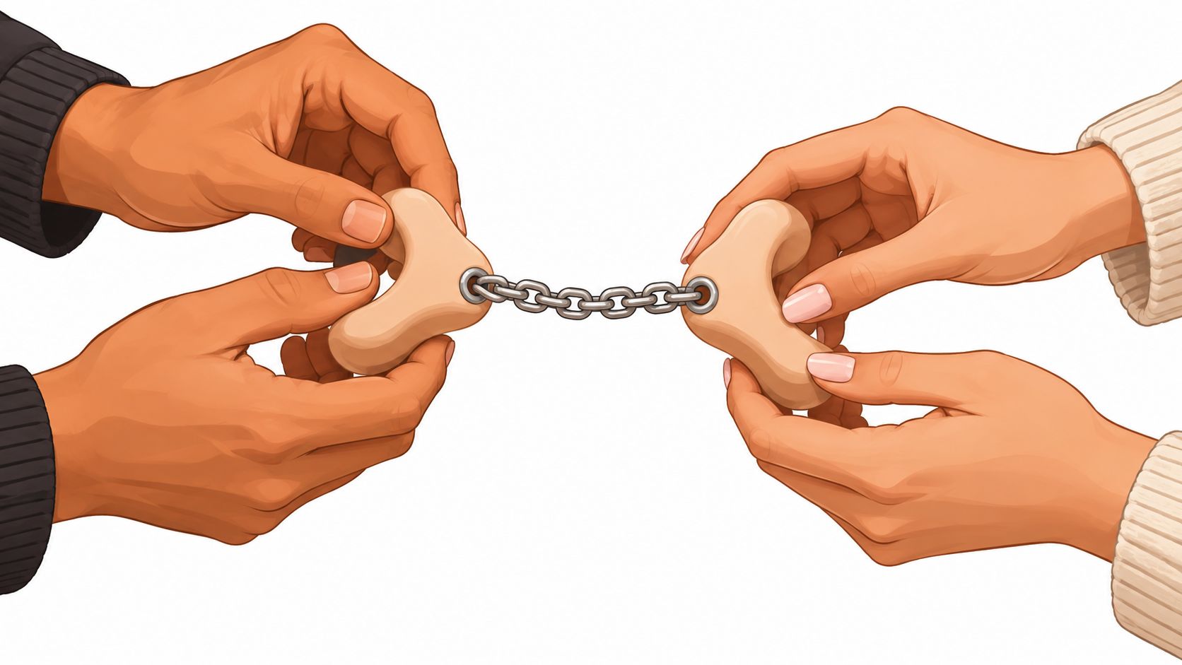 A close-up view of two pairs of hands holding beige-colored nipple clamps connected by a metal chain.