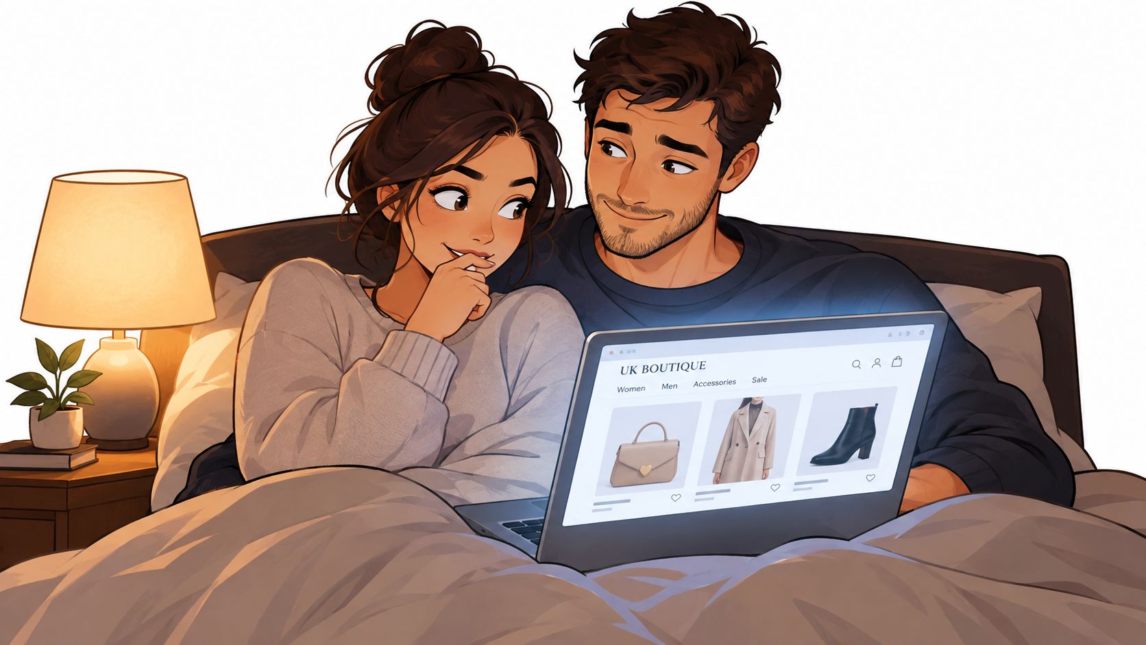 A couple relaxing in bed together, browsing an online shopping website on their laptop in a cozy bedroom.