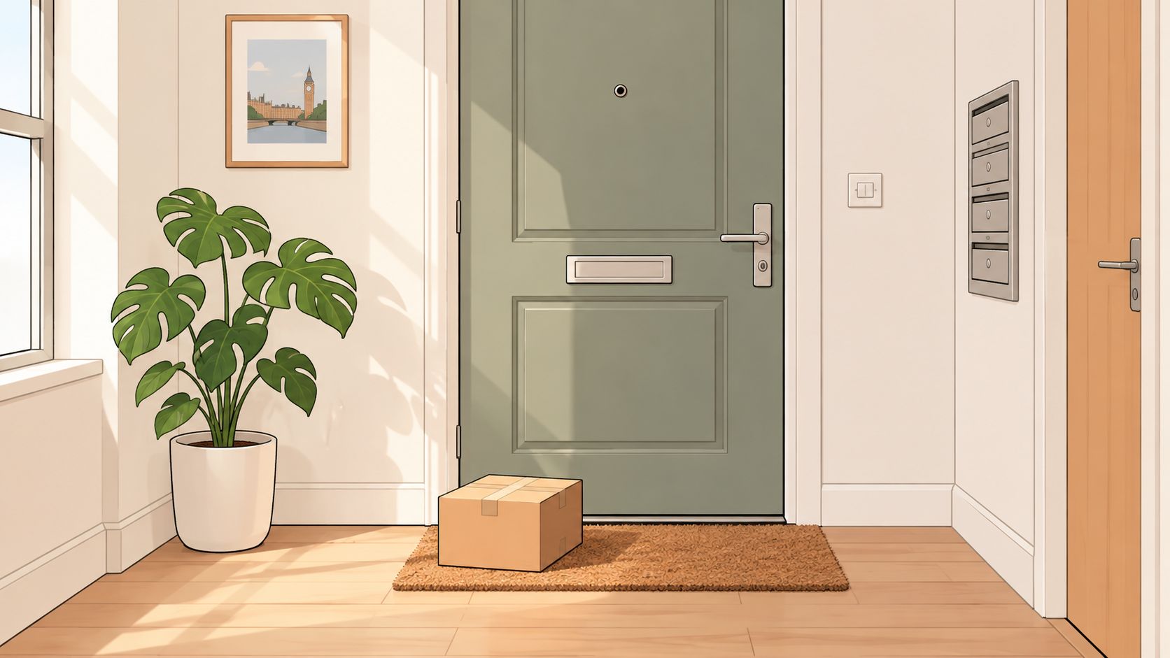 A small brown cardboard parcel sitting on a doormat in a bright hallway outside a green door.