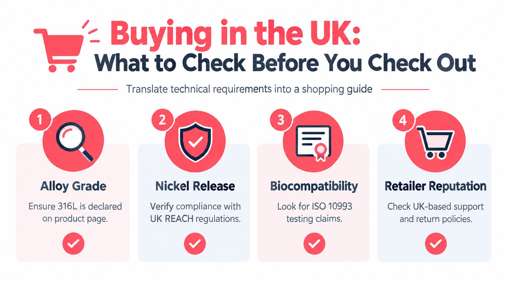A four-step infographic guide for buying jewelry safely in the UK, covering material and compliance checks.