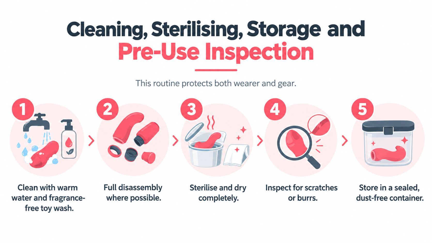 An instructional graphic showing a five-step routine for cleaning, sterilizing, and storing personal wellness gear.