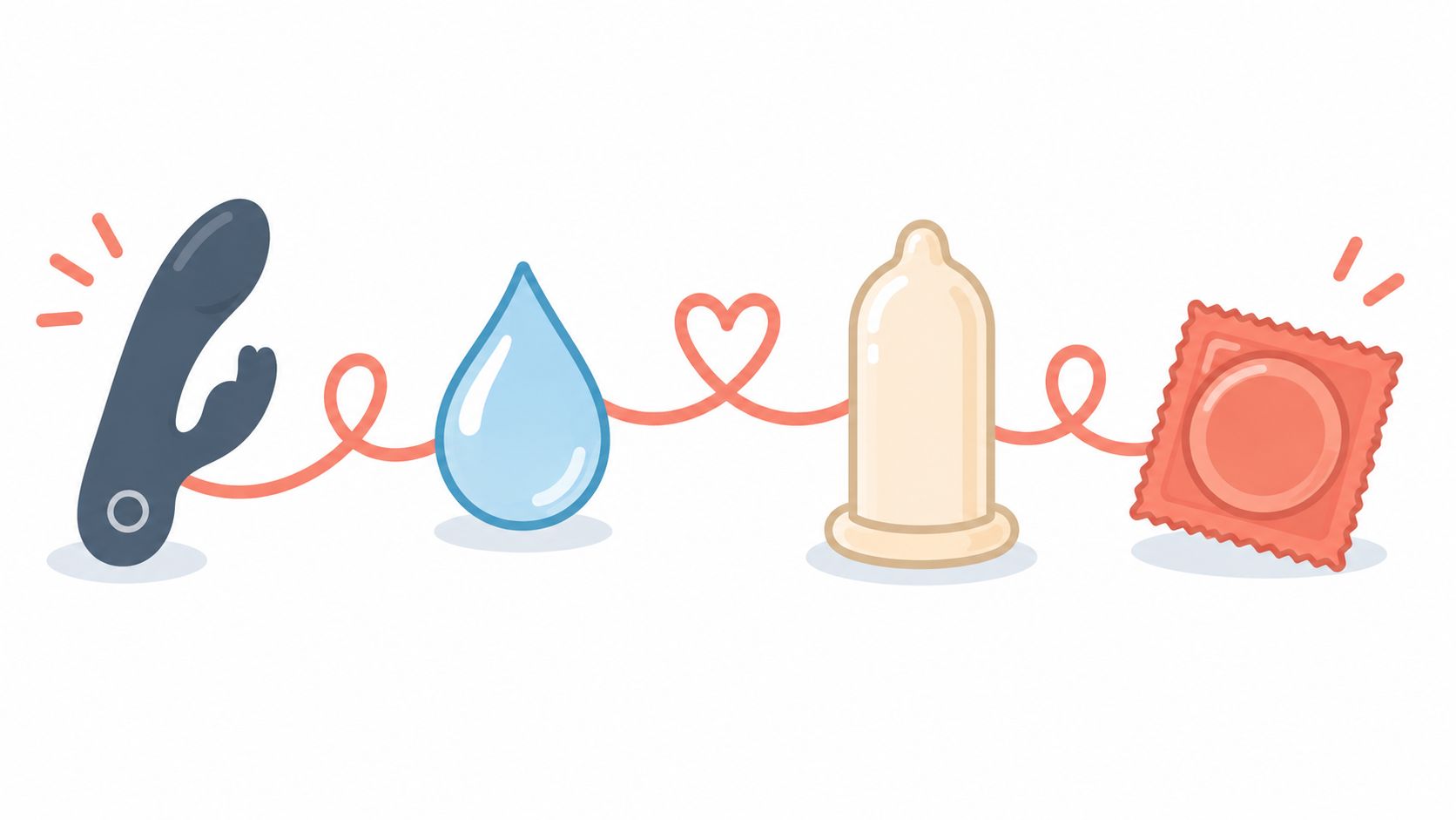 A line drawing illustration featuring a vibrator, water drop, condom, and condom package connected by red strings.