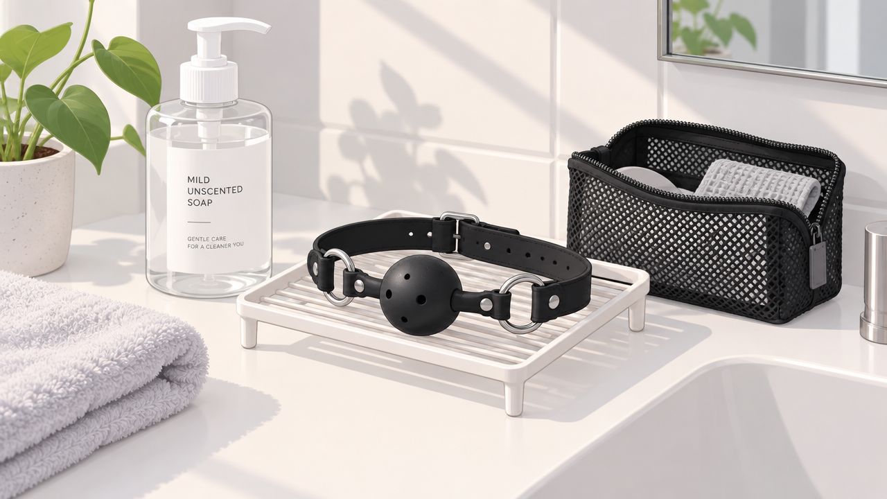 A black ball gag resting on a white bathroom counter next to soap and a mesh bag.