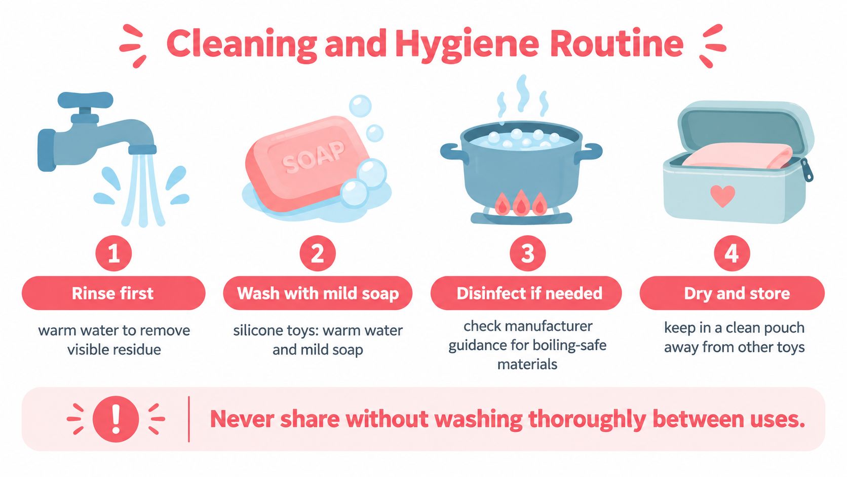 A four-step infographic illustrating a cleaning and hygiene routine for silicone intimate products and toys.