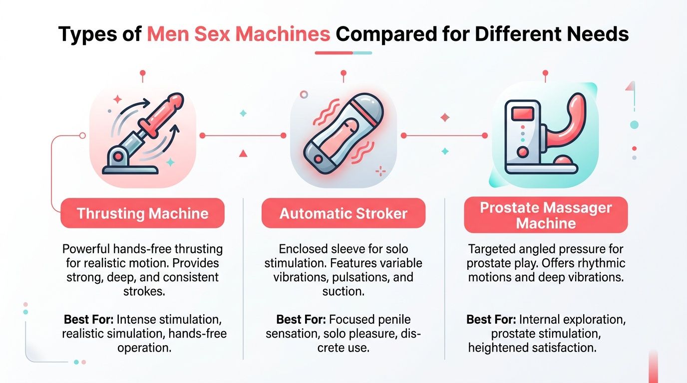 An infographic comparing three types of men sex machines including thrusting machines, automatic strokers, and prostate massagers.