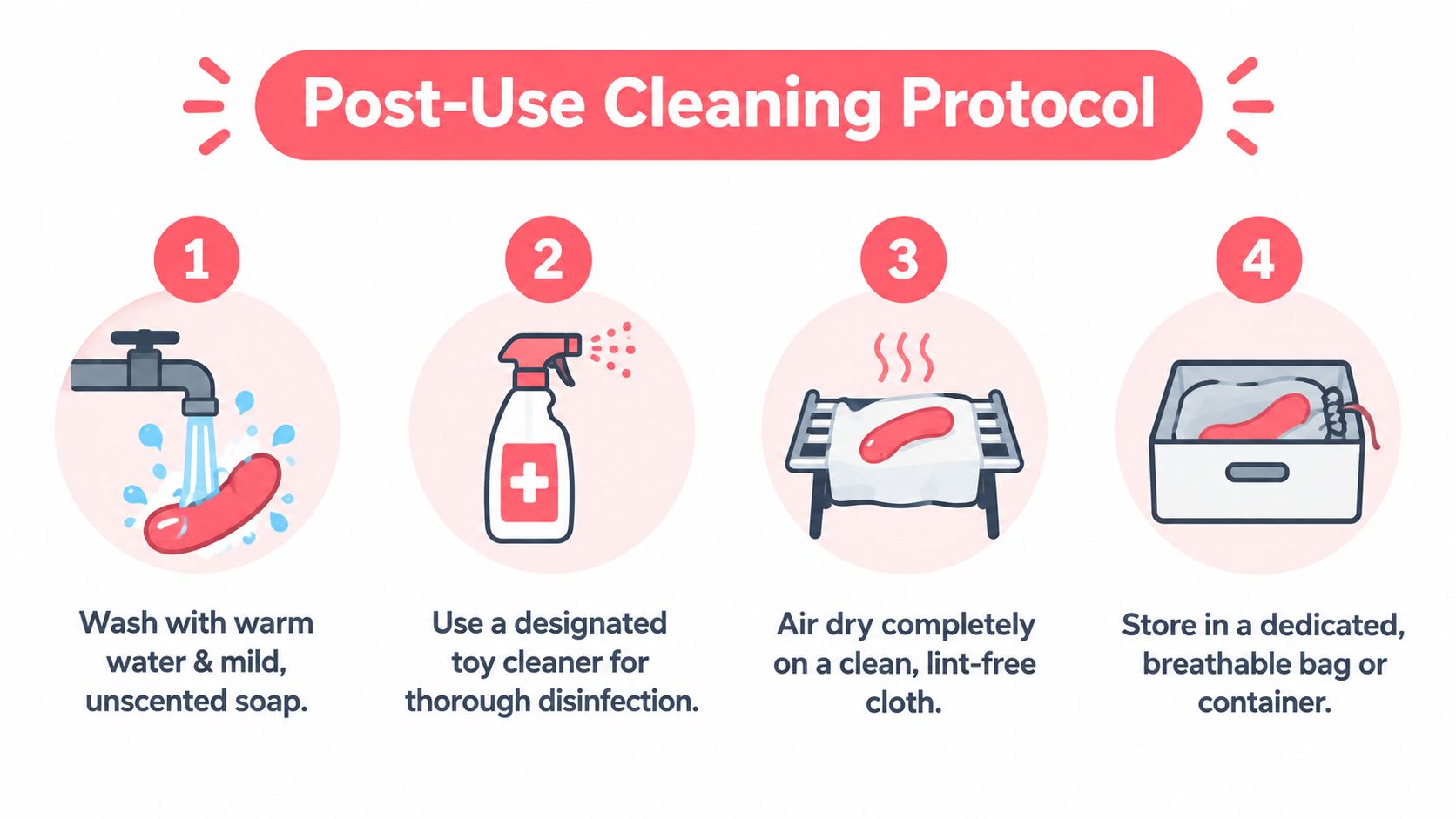 An infographic titled Post-Use Cleaning Protocol illustrating four steps to clean and store a toy properly.