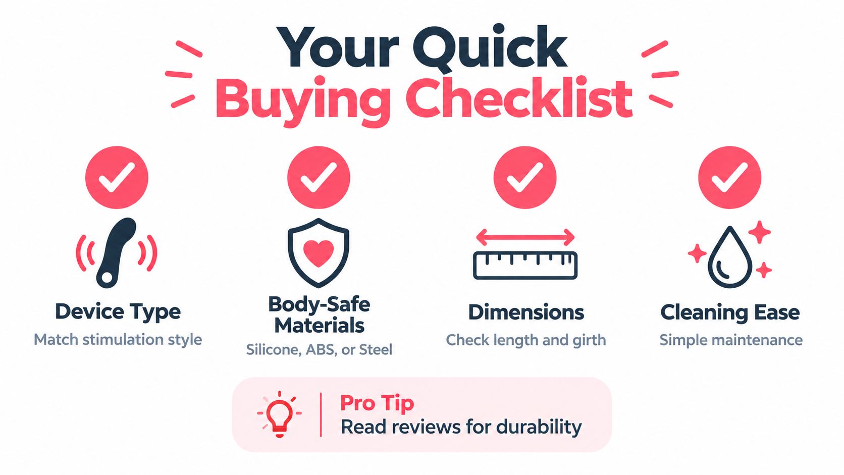 A quick buying checklist infographic for personal wellness products featuring advice on materials, dimensions, and maintenance.
