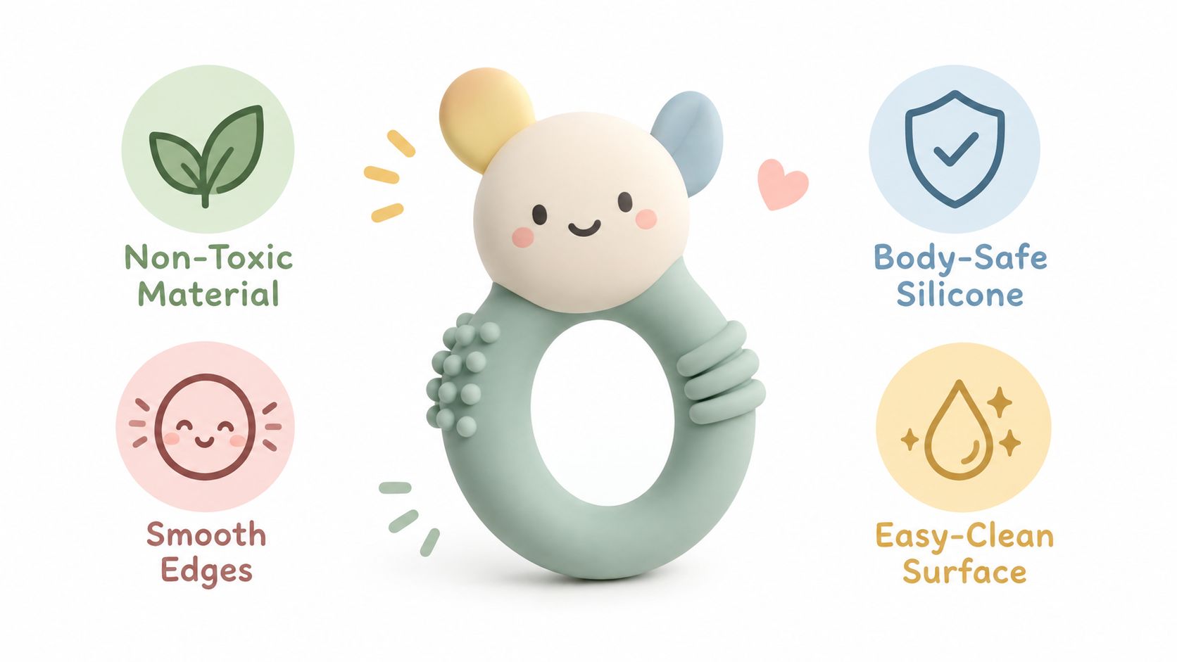 A cute, gender-neutral silicone teether toy for babies with a smiling bear face and various textures.
