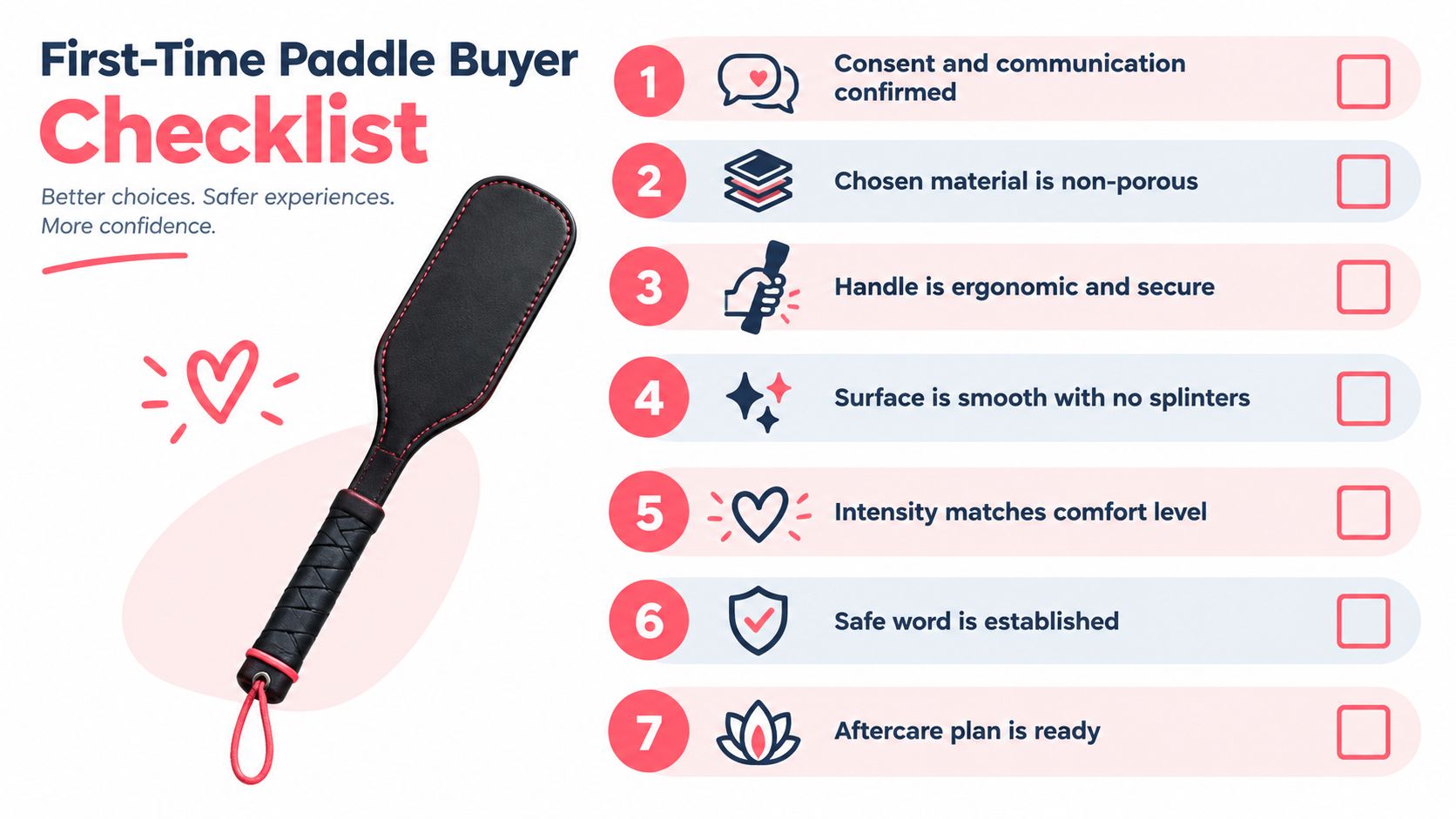 A checklist infographic for first-time paddle buyers, highlighting safety, consent, materials, and essential preparation tips.