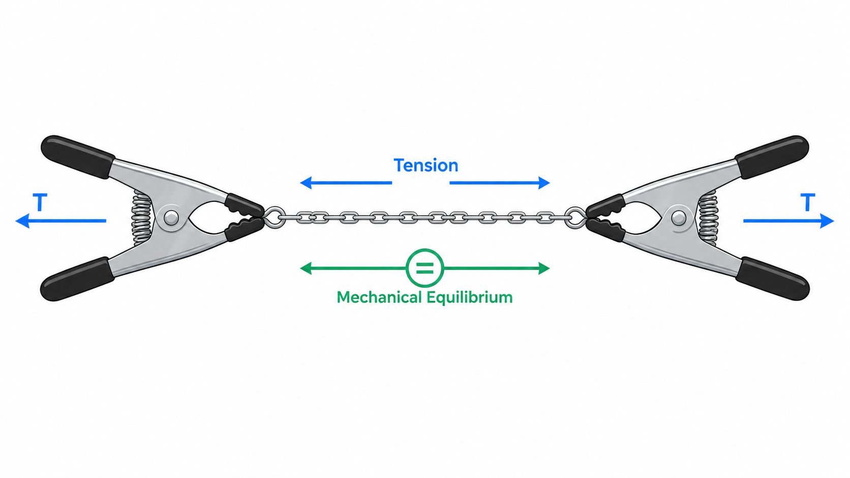 Two metal clamps connected by a chain illustrating tension and mechanical equilibrium in physics.