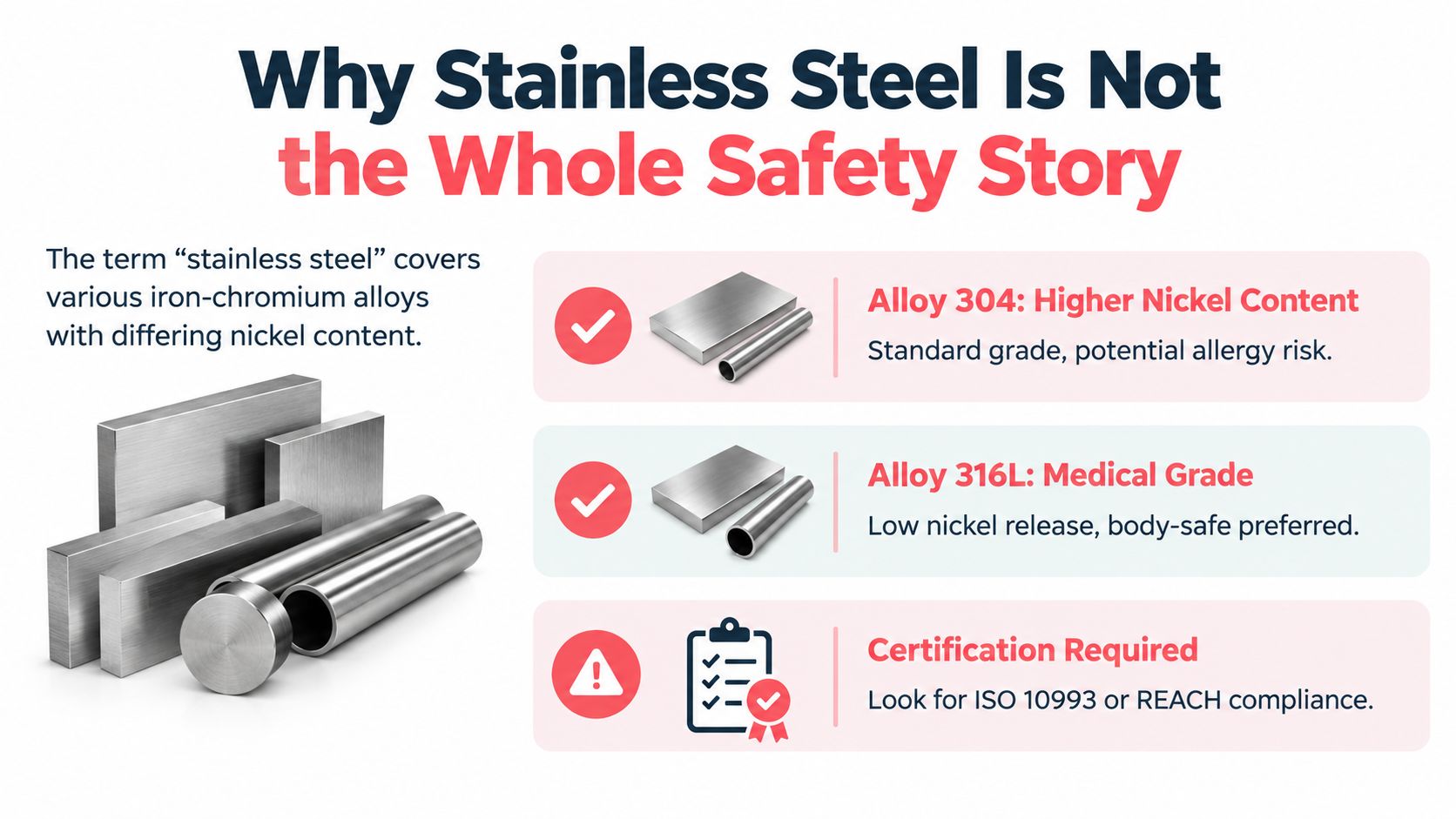 An educational infographic explaining that different stainless steel alloys have varying nickel contents and safety profiles.