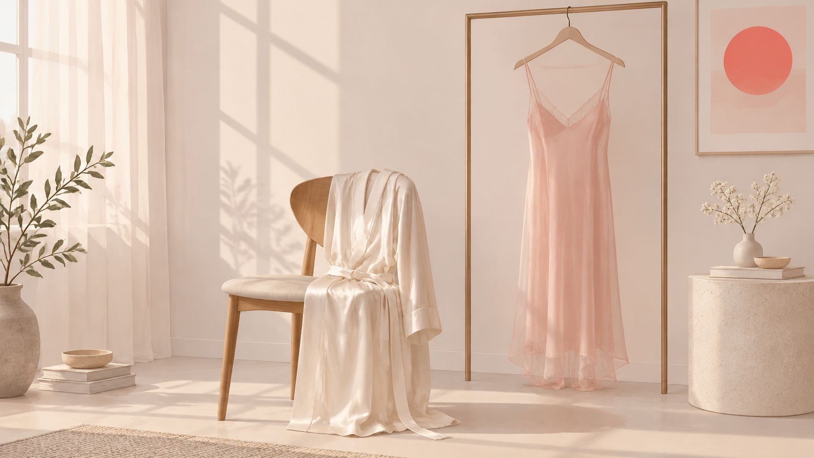 A serene bedroom featuring a silk robe on a chair and a delicate pink slip dress hanging nearby.