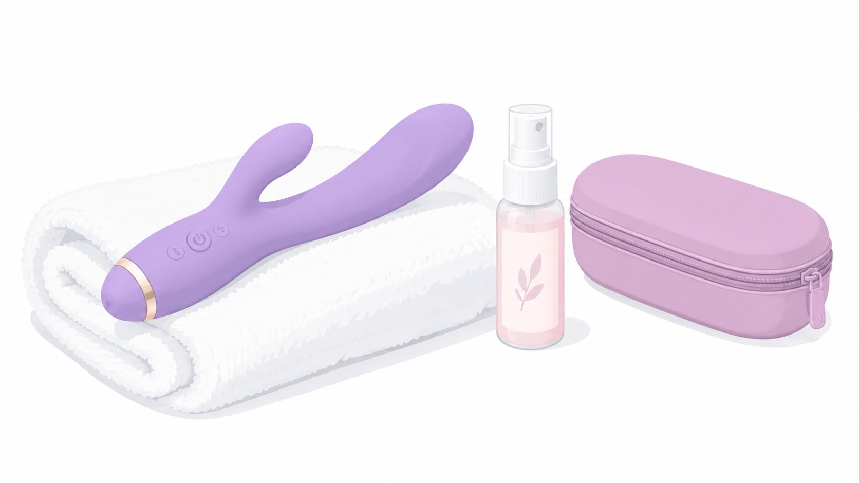 A purple rabbit vibrator resting on a white towel with a cleaning spray and travel case.