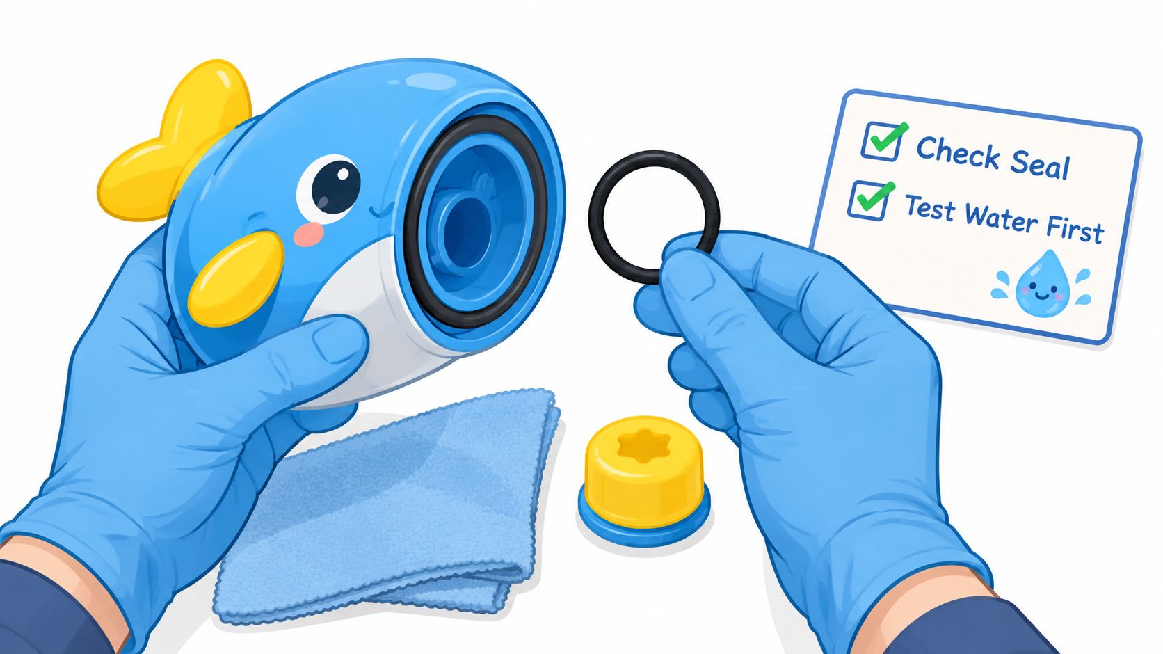A pair of gloved hands assembling a blue whale-shaped device with an O-ring seal.
