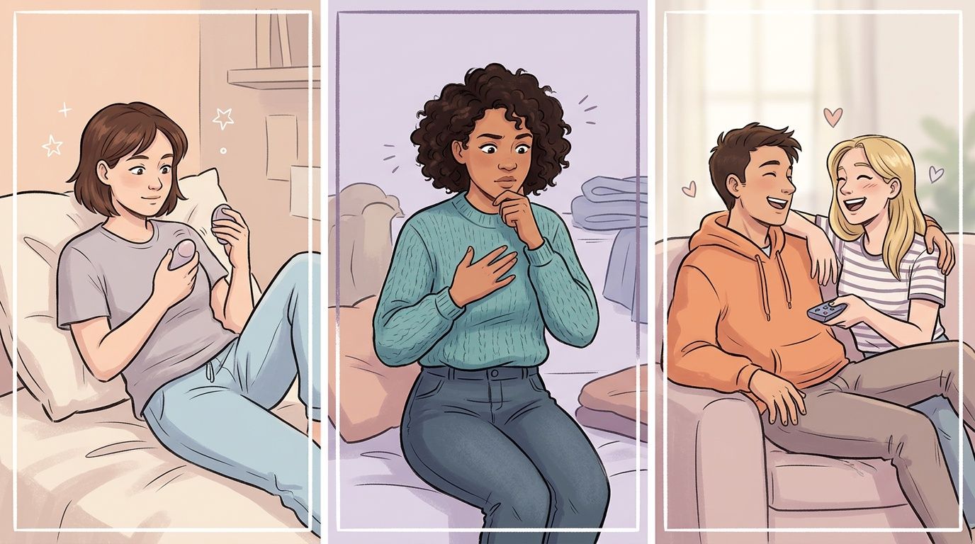 Three different illustrations showing various moments including personal use of toys and intimate couple interactions.