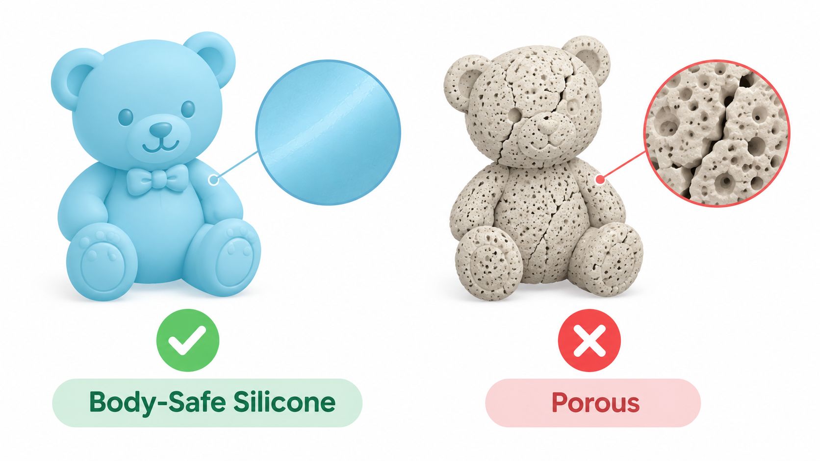 A comparison between a smooth, body-safe silicone bear toy and a porous, unsafe textured bear toy.
