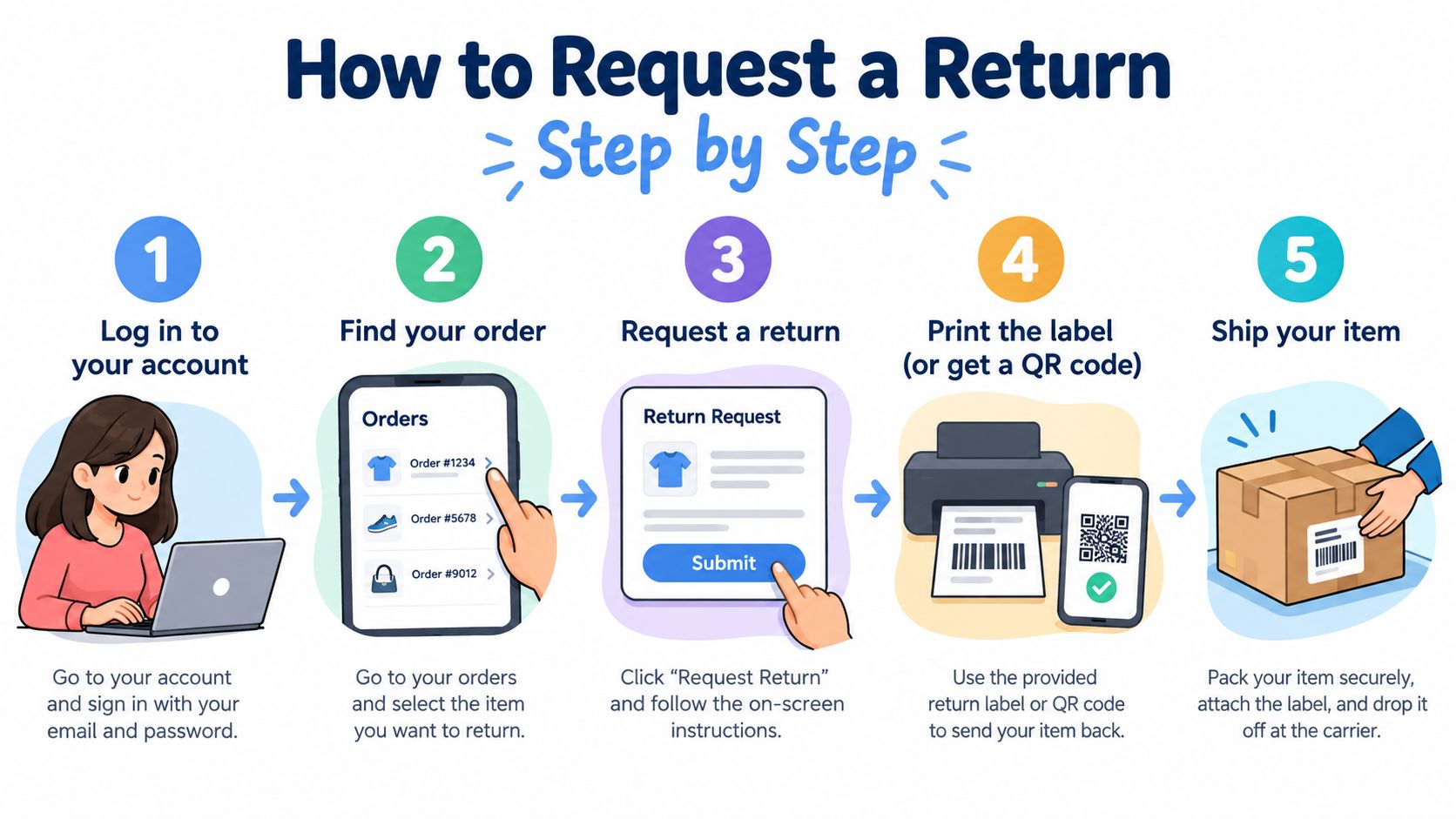 A five-step instructional guide illustrating the process of returning an item through an online shopping account.