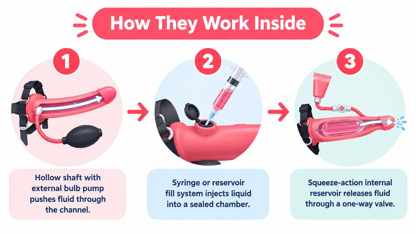 A diagram illustrating how three different types of squirtable strapon sex toys work internally.