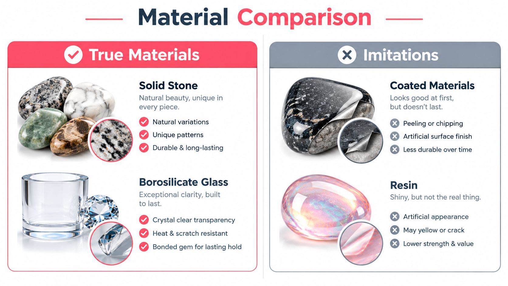 A comparison chart showing the differences between true materials like solid stone and glass versus cheap imitations like coated materials and resin.