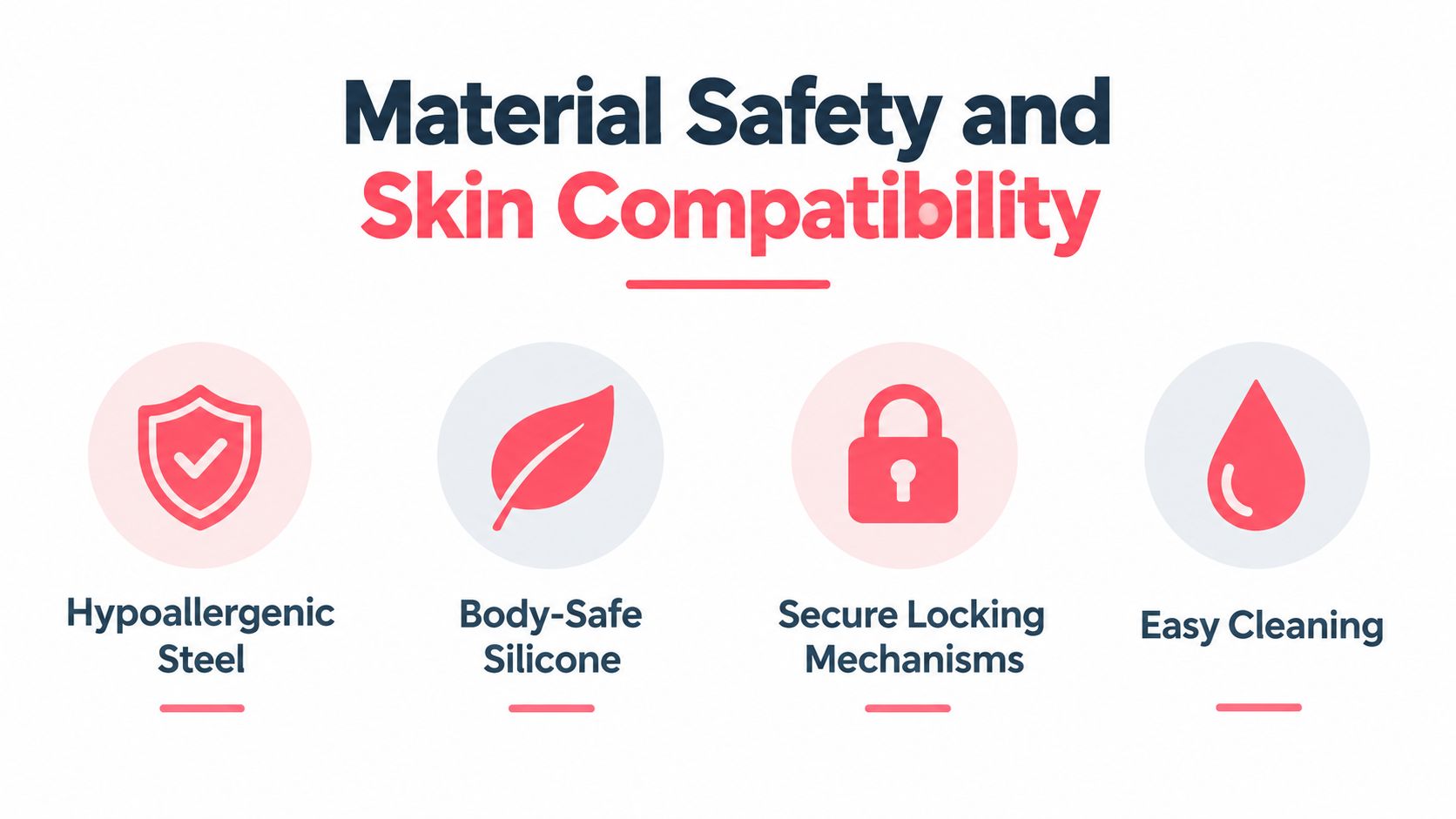 A graphic highlighting material safety and skin compatibility features including hypoallergenic steel, body-safe silicone, locking mechanisms, and cleaning.