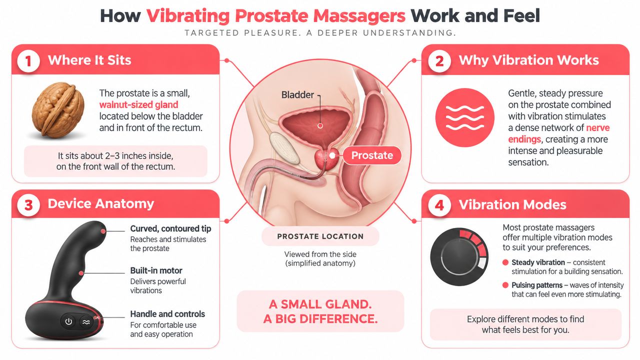 A detailed infographic explaining the anatomy, function, and use of vibrating prostate massagers for sexual pleasure.
