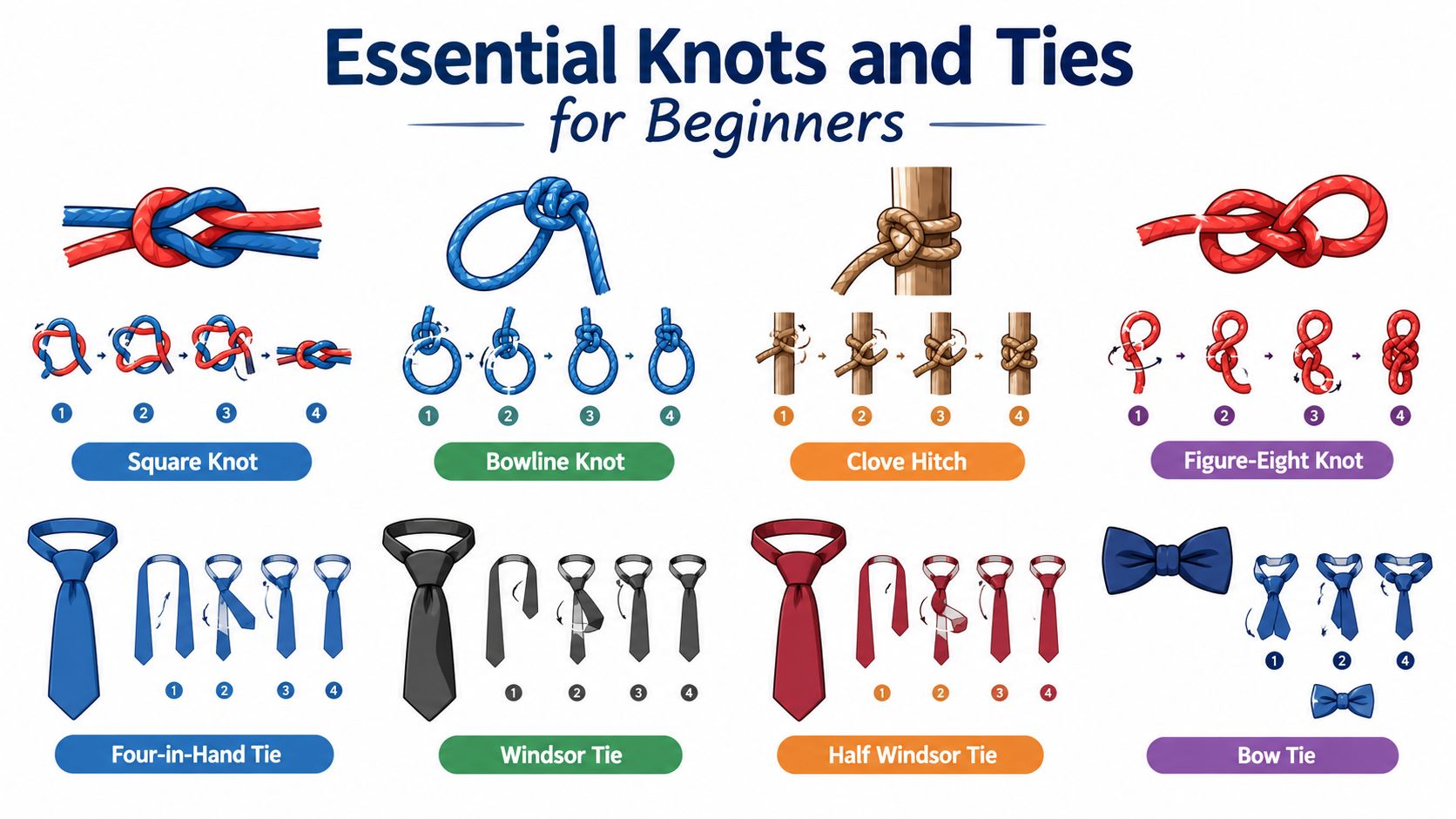 An instructional chart illustrating steps to tie various essential knots and common necktie tie styles.