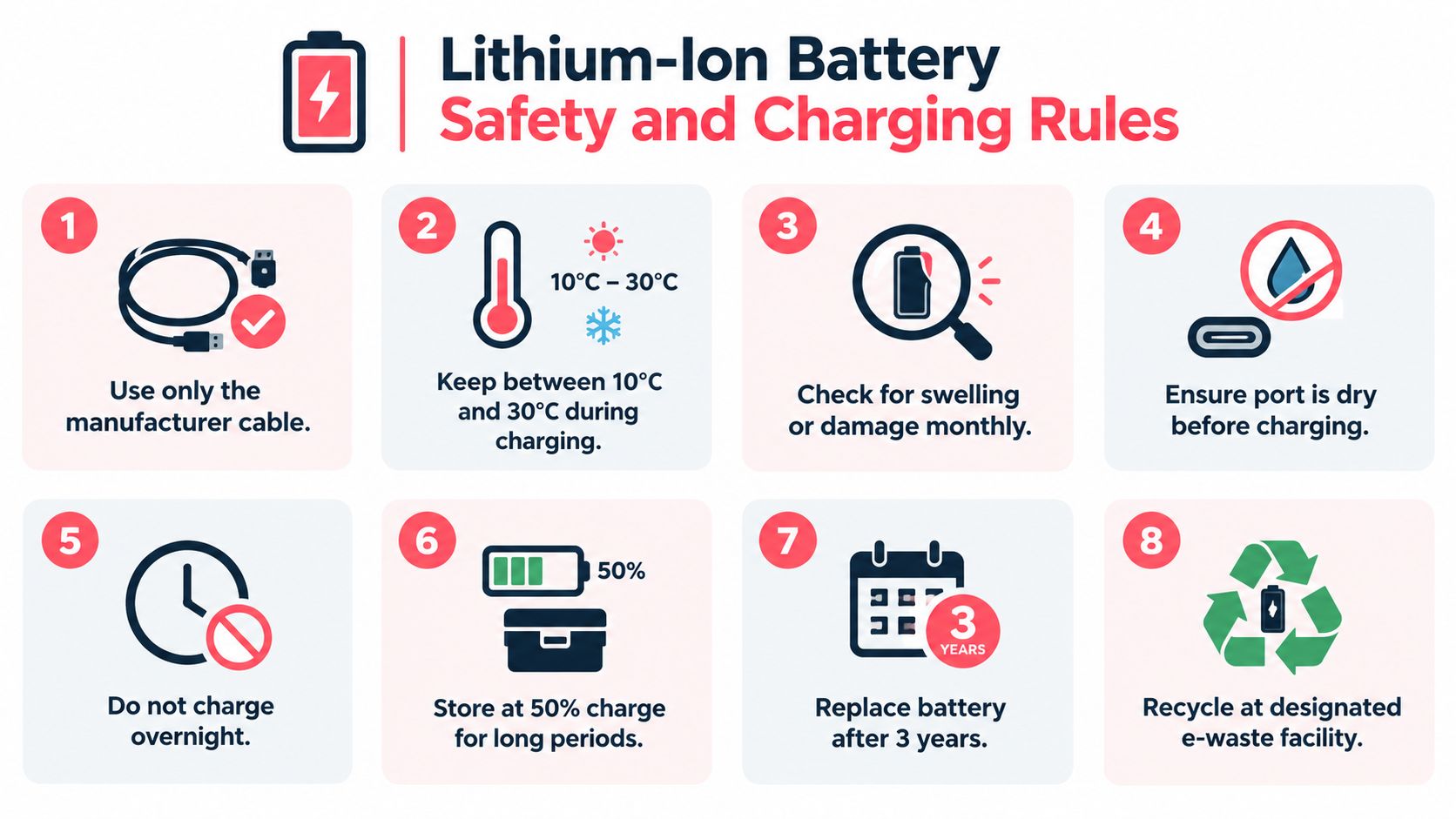 An infographic showing eight safety and charging rules for lithium-ion batteries including temperature, storage, and recycling.