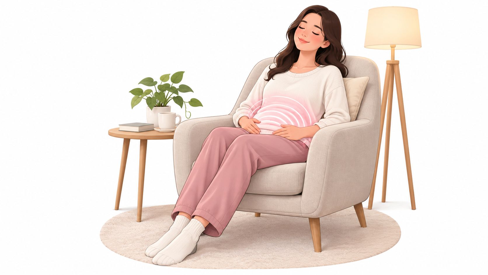 A serene woman relaxing in an armchair while using a wellness device on her stomach for comfort.