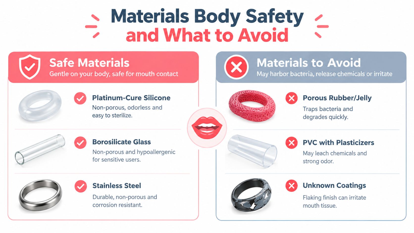 A safety infographic comparing body-safe materials like silicone and glass against unsafe materials like porous jelly and PVC.