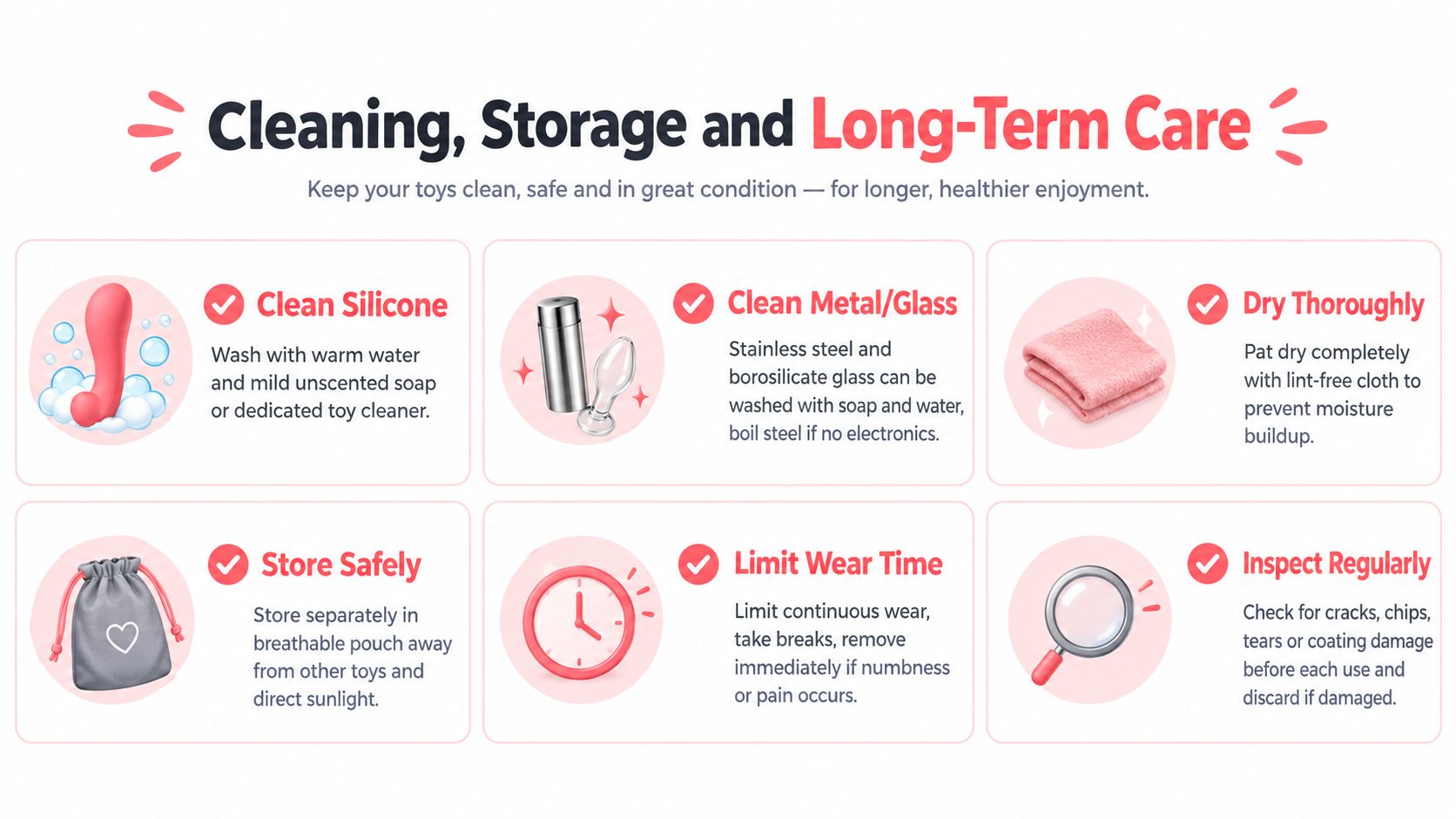 An infographic detailing essential cleaning, storage, and long-term care instructions for intimate wellness toys and accessories.