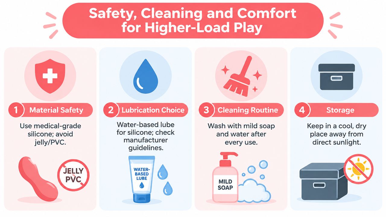 An infographic titled Safety, Cleaning and Comfort for Higher-Load Play, detailing tips for using and maintaining intimate products.