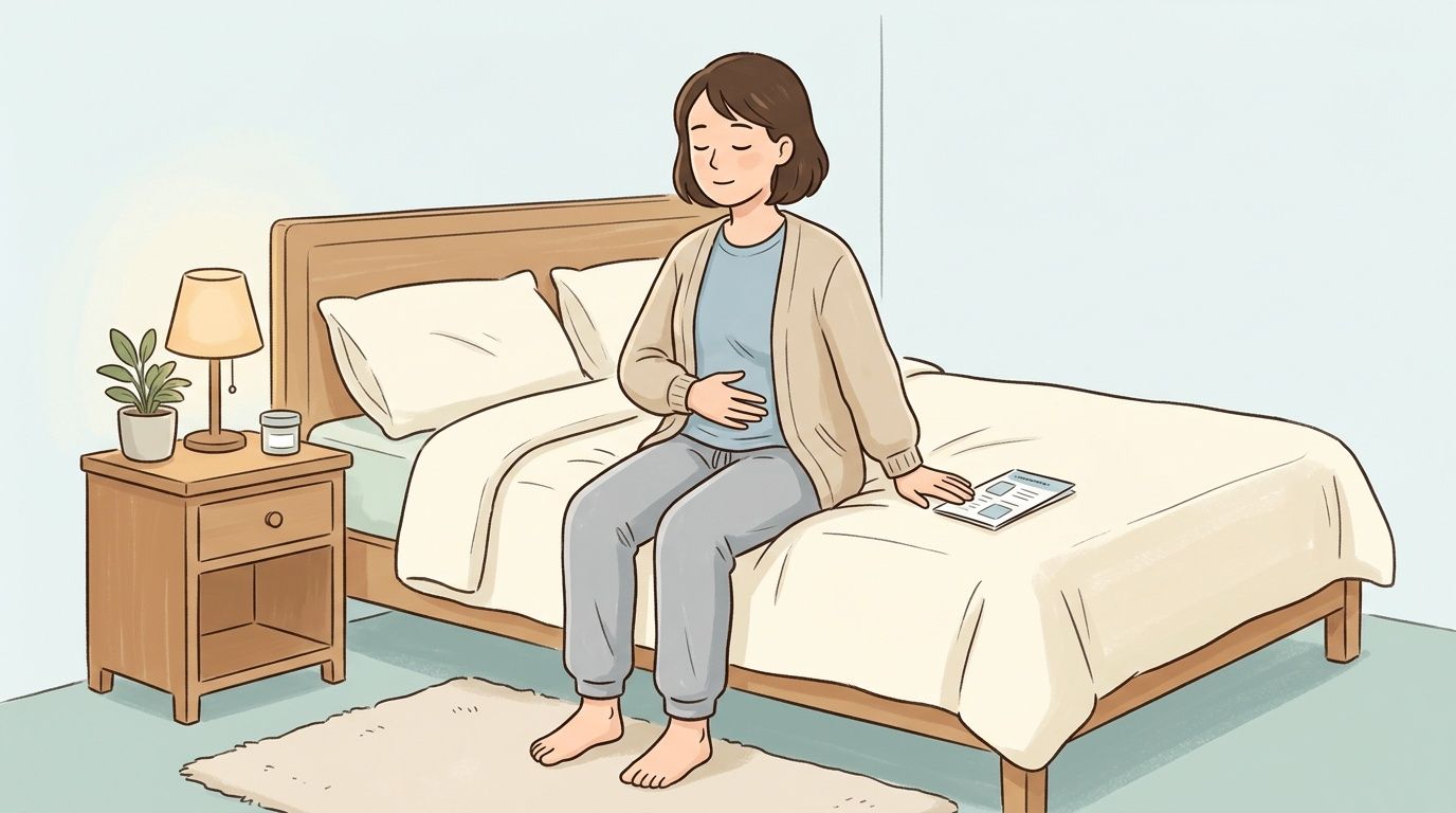 A woman sits on the edge of her bed, touching her stomach, with a small notepad nearby.