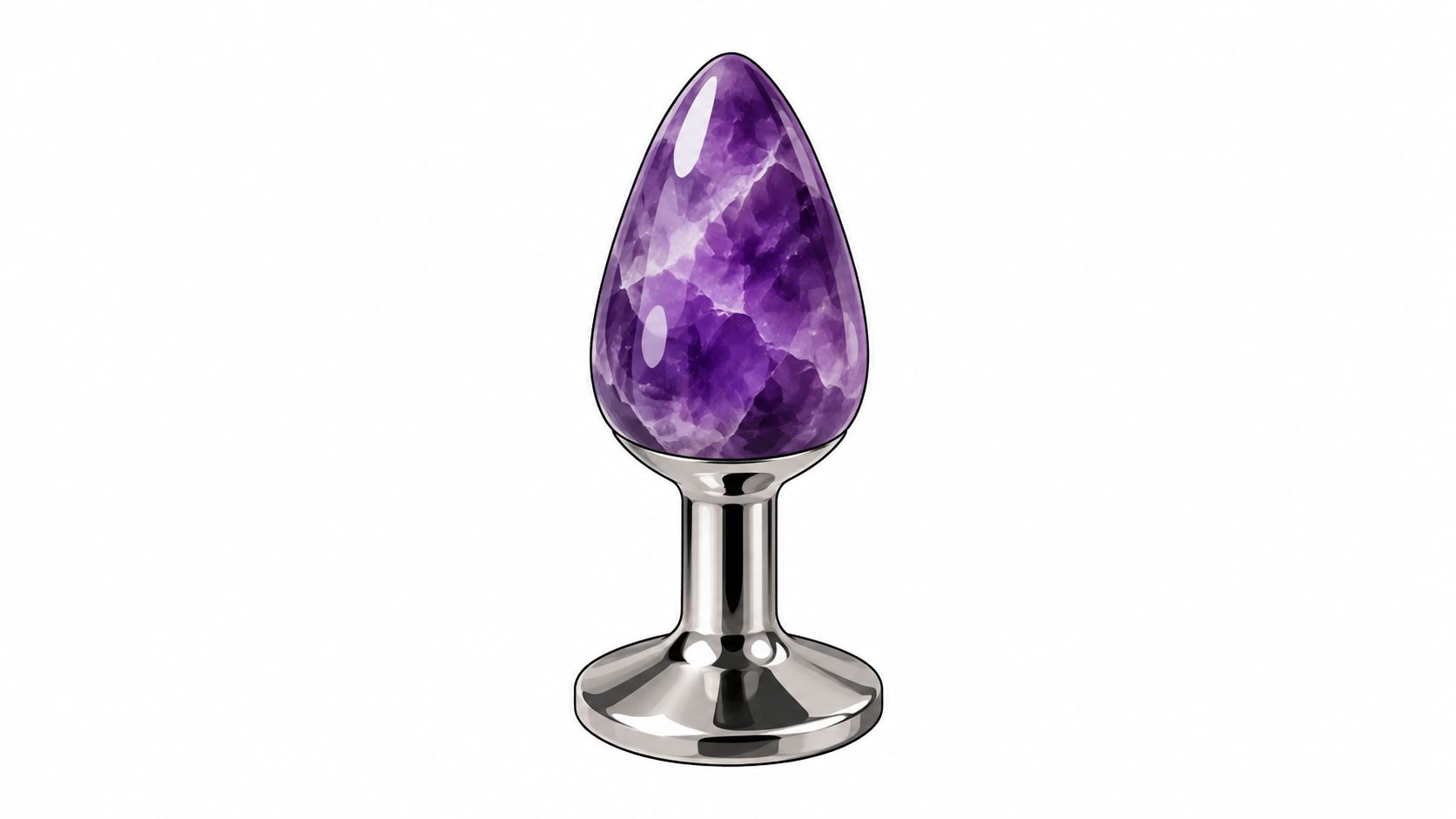 A polished, tapered amethyst gemstone plug with a reflective silver metallic base on a white background.