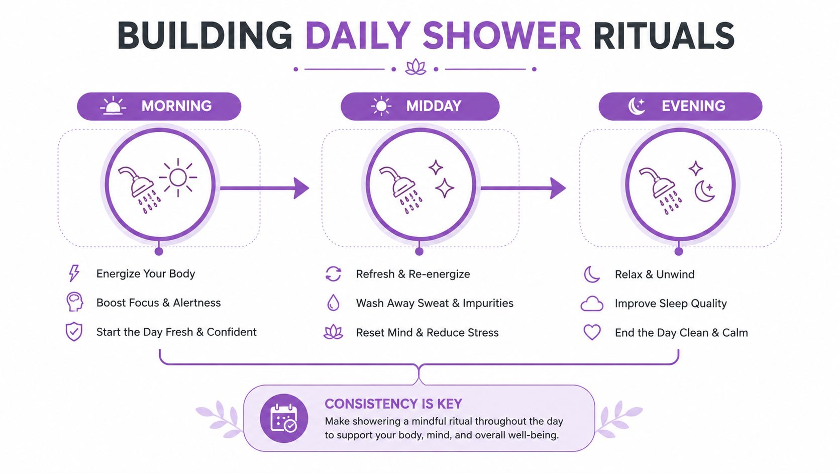 An infographic titled Building Daily Shower Rituals displaying benefits for morning, midday, and evening showering routines.