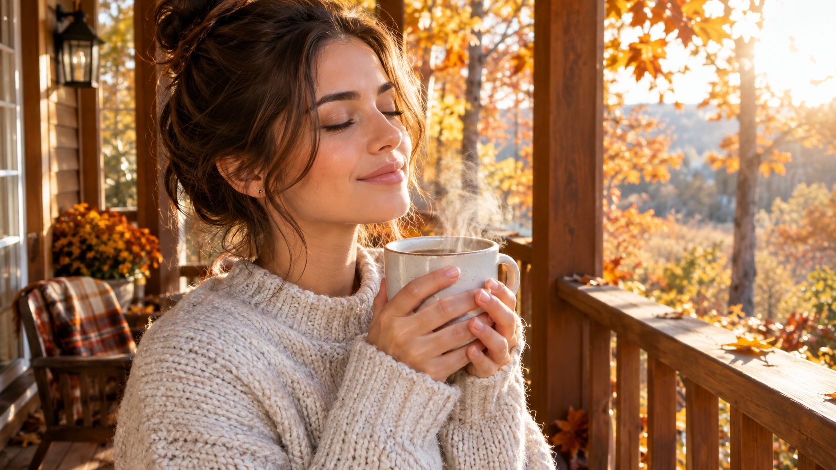A young woman in a cozy sweater holds a steaming mug while enjoying the beautiful autumn scenery.