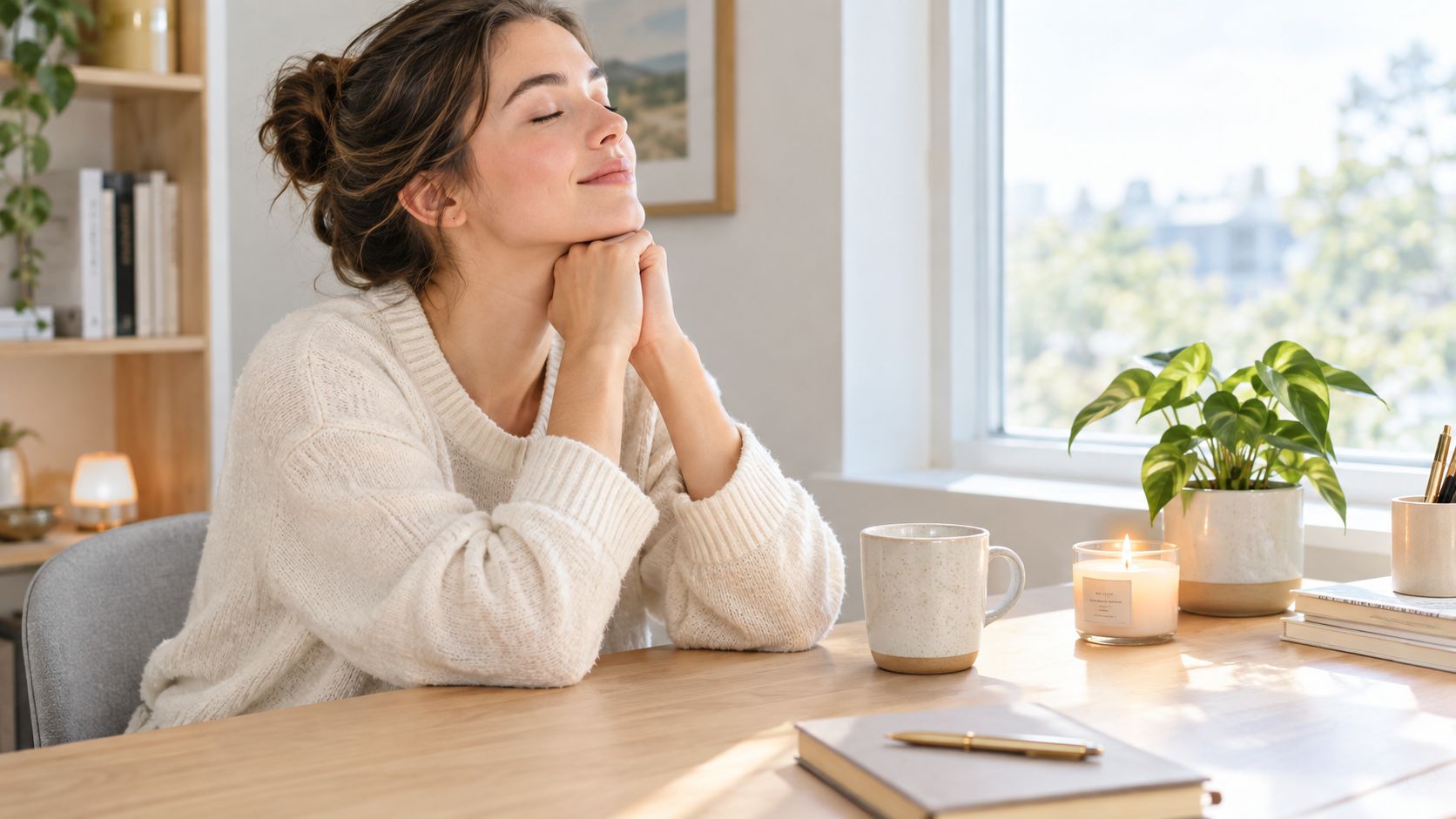 A serene young woman sits at a sunlit wooden desk with her eyes closed, reflecting on personal growth.